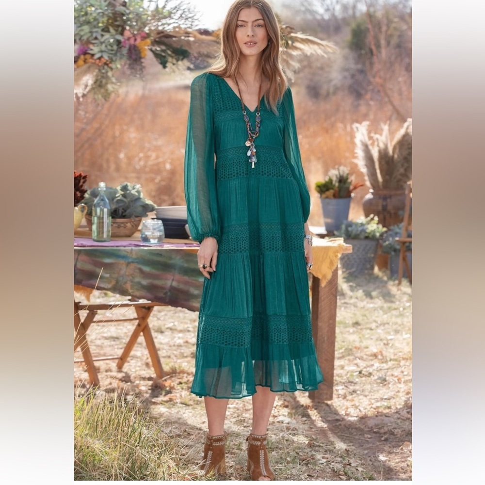 Sundance Romatic Boho Adore Moi Long Sleeve Midi Eyelet Sheer Pacific Blue Dress